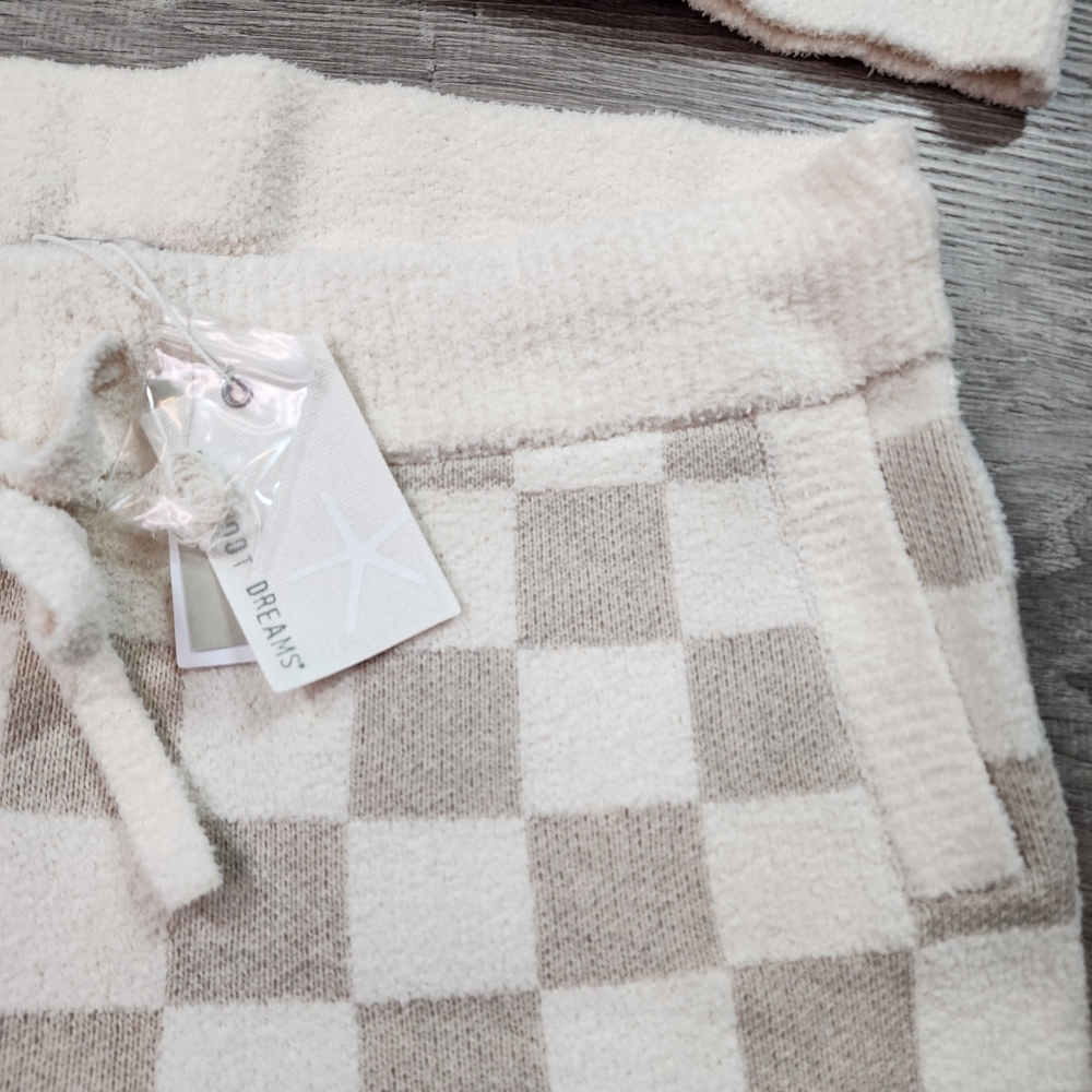 NWT BAREFOOT DREAMS 2 Pc CozyChic Oatmeal Cream Checkered Top Short Set XL - Picture 3 of 14